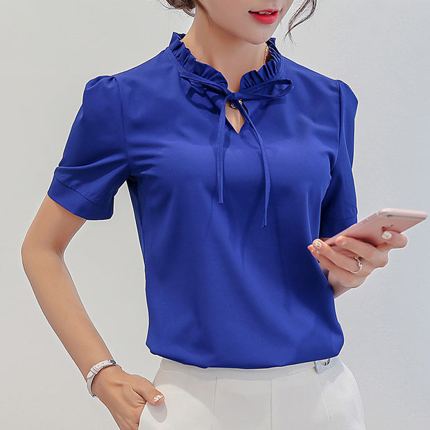 Summer Women Chiffon Blouse Short Sleeve Red Ladies Office Ladies