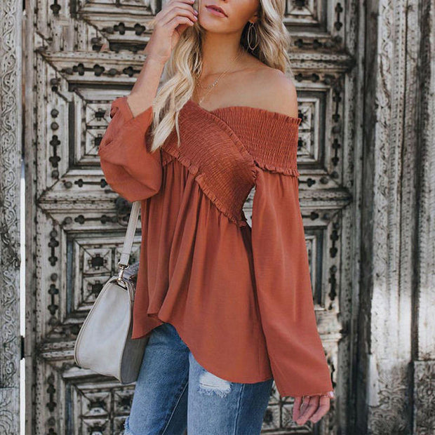 Women Sexy Off Shoulder Shirts Irregular Hem Blouse Shir