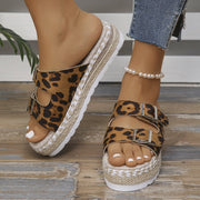 Summer Double Buckle Leopard Print Flat Sandals Hemp Thick-soled Sandals Seaside Vacation Beach Shoes For Women