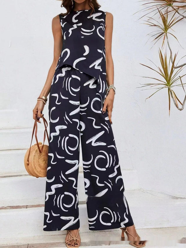 Sleeveless Irregular Vest Pants Fashion Printed Two-piece Suit