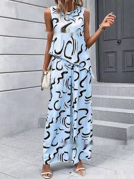 Sleeveless Irregular Vest Pants Fashion Printed Two-piece Suit