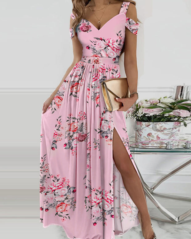 Spaghetti Strap Floral Print Split Dress