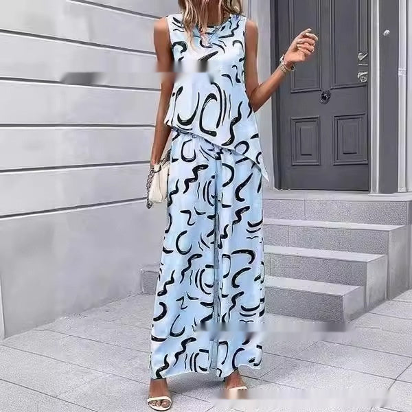 Sleeveless Irregular Vest Pants Fashion Printed Two-piece Suit