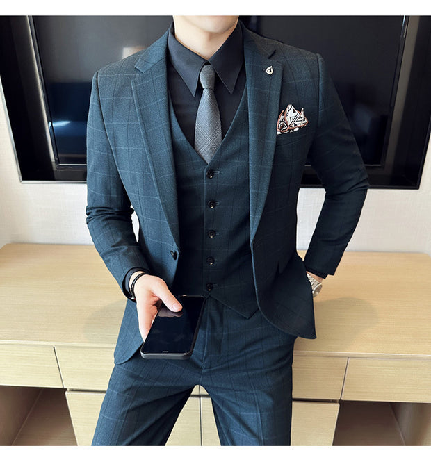 Boy's Yarn-dyed Fabric Suit Set Three-piece Set Groom Groomsman Dress