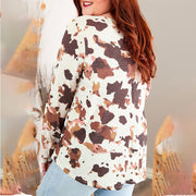 Cow Pattern Half Cardigan Long Sleeved Casual Loose Padded Blouse Women