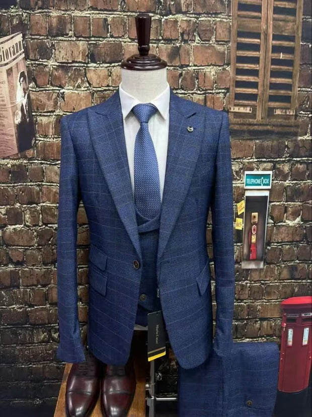 Business Slim-fit Plaid Striped Men's Suit Set