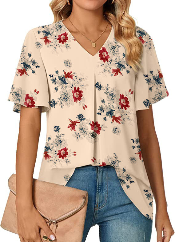 Women's V-neck Flower Print Short Sleeve