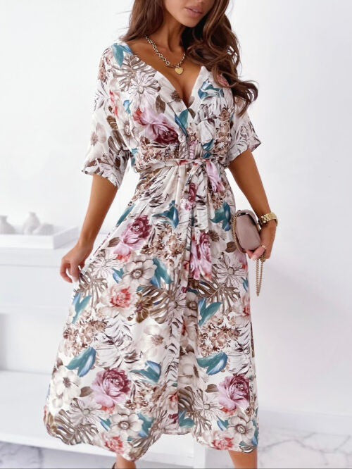 Printed Waist-controlled Lace-up Swing Mid-length Dress