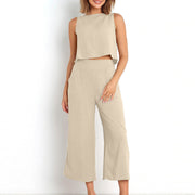 Cropped Wide-leg Pants With Cropped Navel Button Top Suit Pockets