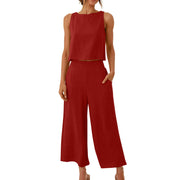 Cropped Wide-leg Pants With Cropped Navel Button Top Suit Pockets