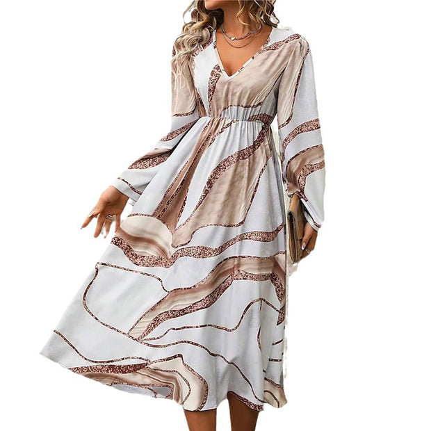 Women's Fashion Positioning Printing V-neck Long-sleeve Dress