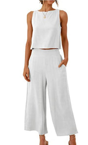 Cropped Wide-leg Pants With Cropped Navel Button Top Suit Pockets