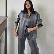 Shiny Silk Large Profile Shirt High Waist Wide Leg Pants Suit