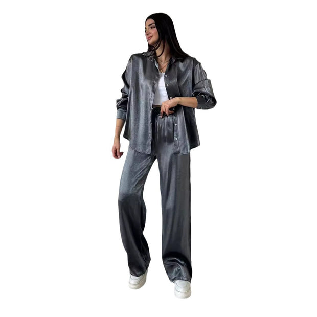 Shiny Silk Large Profile Shirt High Waist Wide Leg Pants Suit