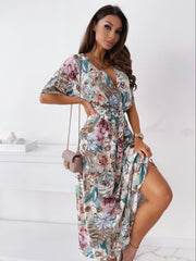 Printed Waist-controlled Lace-up Swing Mid-length Dress