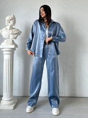 Shiny Silk Large Profile Shirt High Waist Wide Leg Pants Suit