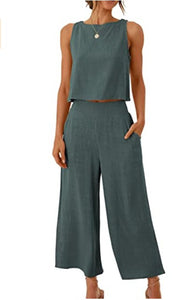 Cropped Wide-leg Pants With Cropped Navel Button Top Suit Pockets