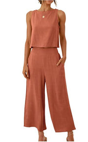 Cropped Wide-leg Pants With Cropped Navel Button Top Suit Pockets