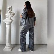 Shiny Silk Large Profile Shirt High Waist Wide Leg Pants Suit