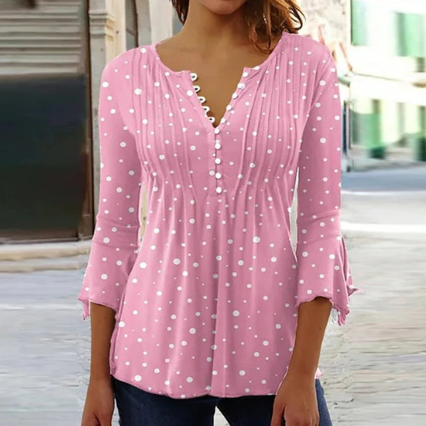 Women's Trendy V-neck 3D Printing Long Sleeve Underwear Blouse