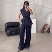 Sleeveless Oversize Lace-up Cardigan High Waist Trousers Suit