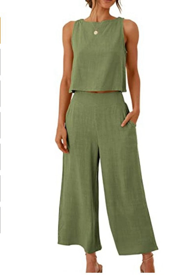 Cropped Wide-leg Pants With Cropped Navel Button Top Suit Pockets