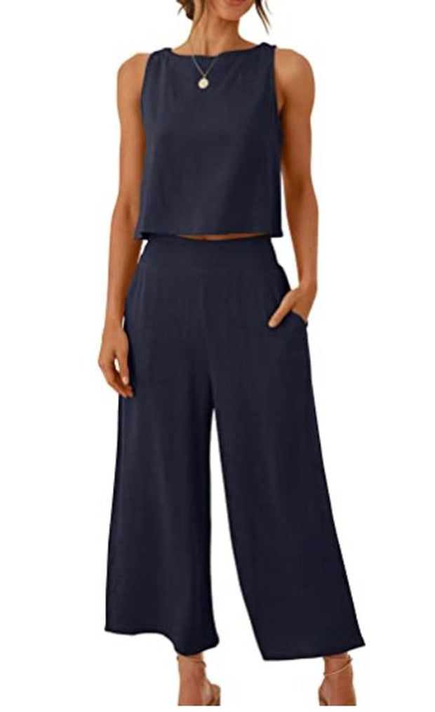 Cropped Wide-leg Pants With Cropped Navel Button Top Suit Pockets