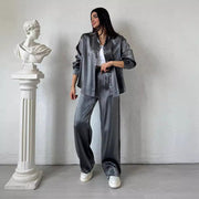 Shiny Silk Large Profile Shirt High Waist Wide Leg Pants Suit