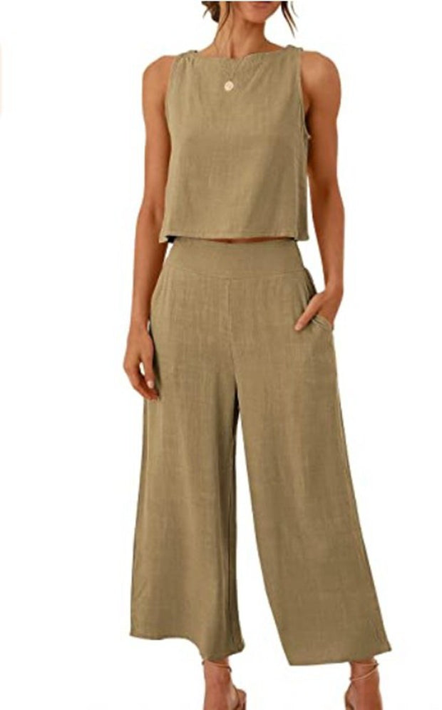 Cropped Wide-leg Pants With Cropped Navel Button Top Suit Pockets