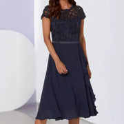 Round Neck Solid Color Short Sleeve Elegant Lace Chiffon Dress
