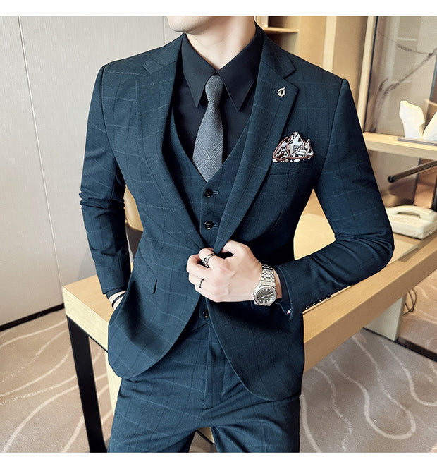 Boy's Yarn-dyed Fabric Suit Set Three-piece Set Groom Groomsman Dress