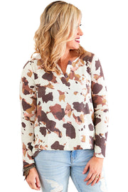 Cow Pattern Half Cardigan Long Sleeved Casual Loose Padded Blouse Women